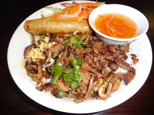 Rice Noodle Bowls with Pork and Spring Rolls (Bún thịt nướng chả giò)